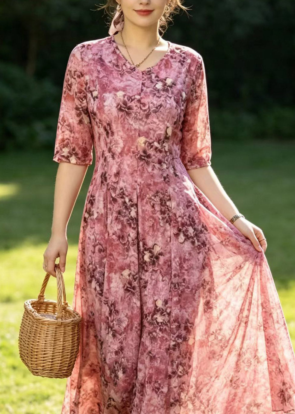 Floral Print V-Neck Button Front Half Sleeve A-Line Maxi Dress