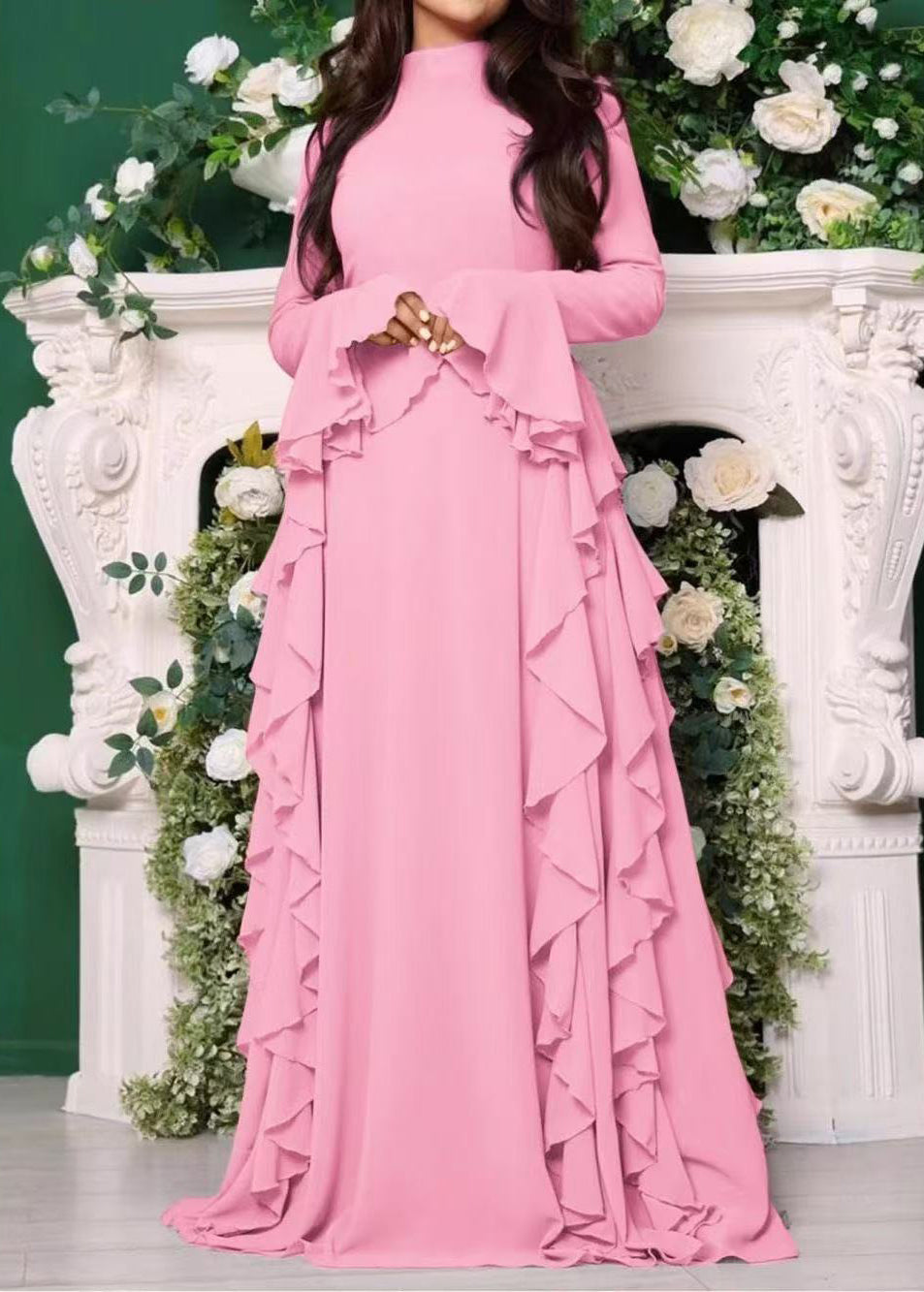 Mock Neck Bell Sleeve Cascading Ruffle Chiffon Maxi Dress