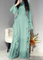 Elegant Pink Solid High Waist Chiffon Maxi Dresses Flare Sleeve 2