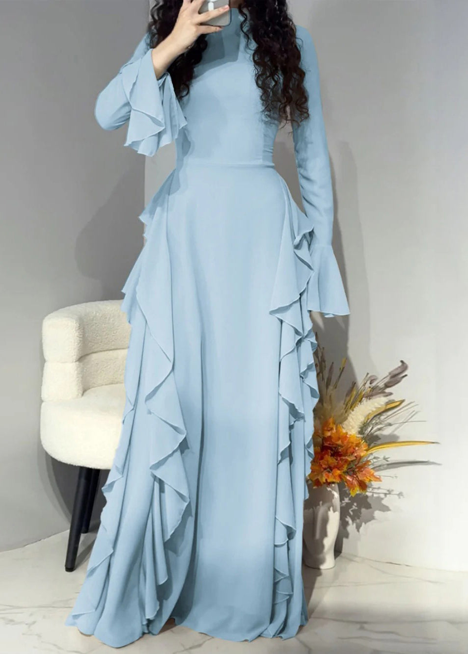 Elegant Pink Solid High Waist Chiffon Maxi Dresses Flare Sleeve 3