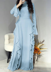 Elegant Pink Solid High Waist Chiffon Maxi Dresses Flare Sleeve 3