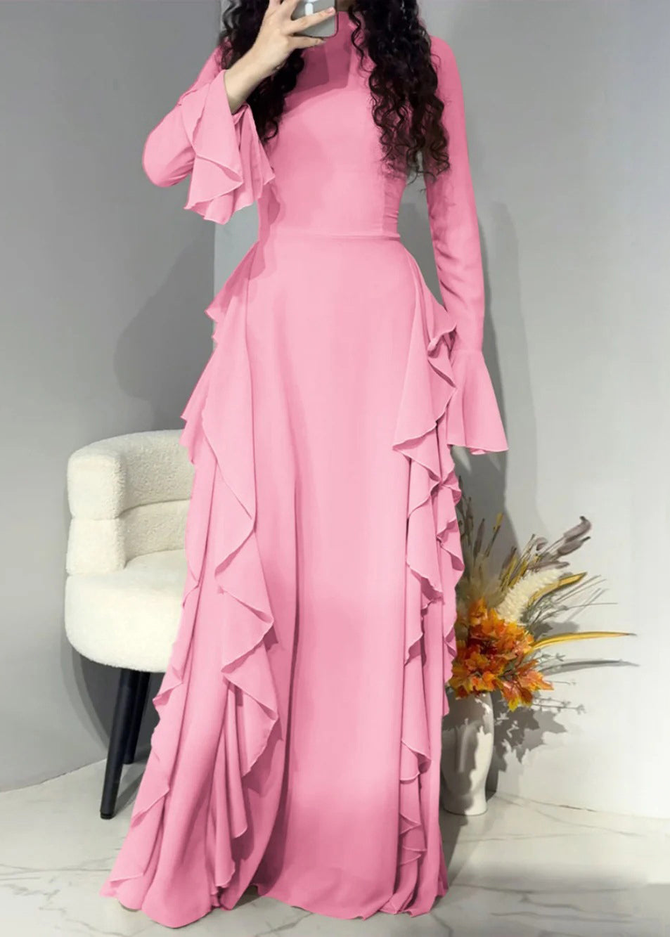 Elegant Pink Solid High Waist Chiffon Maxi Dresses Flare Sleeve 4