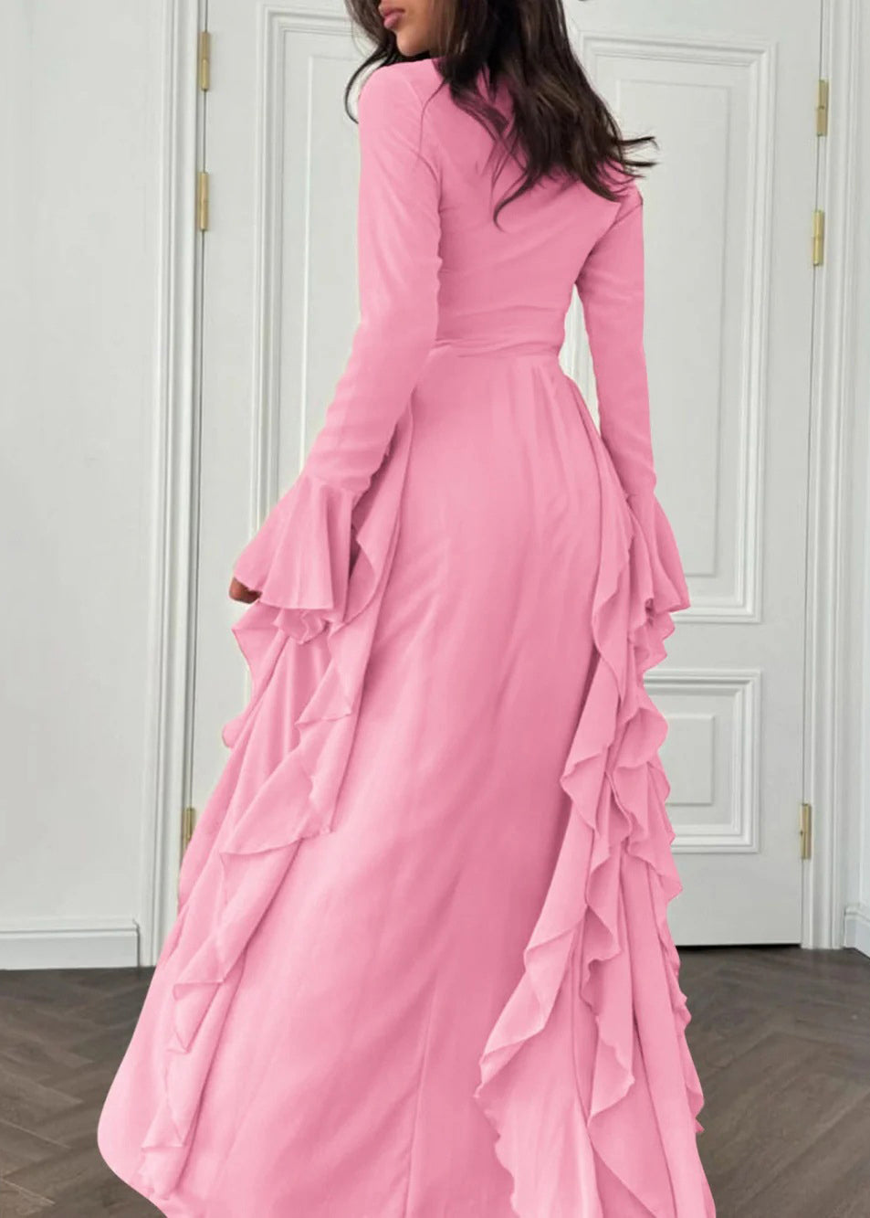 Elegant Pink Solid High Waist Chiffon Maxi Dresses Flare Sleeve 5