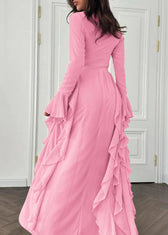 Elegant Pink Solid High Waist Chiffon Maxi Dresses Flare Sleeve 5