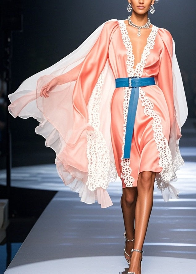 Deep V-Neck Lace Trim Satin Belted Cape Sleeve Knee Length Dress