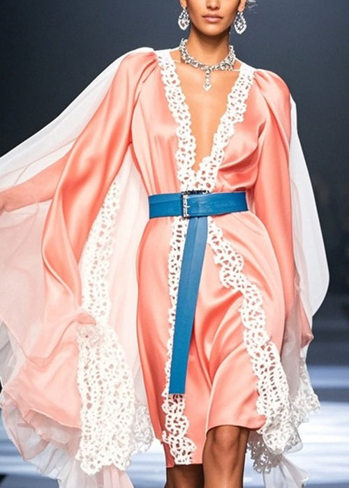 Deep V-Neck Lace Trim Satin Belted Cape Sleeve Knee Length Dress