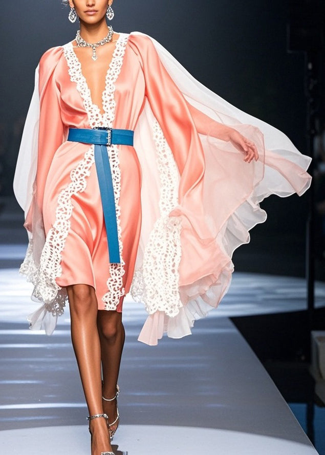 Deep V-Neck Lace Trim Satin Belted Cape Sleeve Knee Length Dress