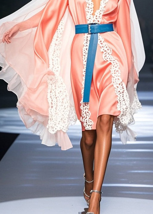 Deep V-Neck Lace Trim Satin Belted Cape Sleeve Knee Length Dress