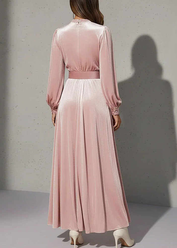 Elegant Pink V Neck Patchwork Velvet Maxi Dress Fall - View 2