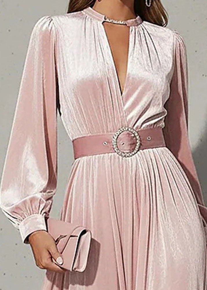 Elegant Pink V Neck Patchwork Velvet Maxi Dress Fall - View 3