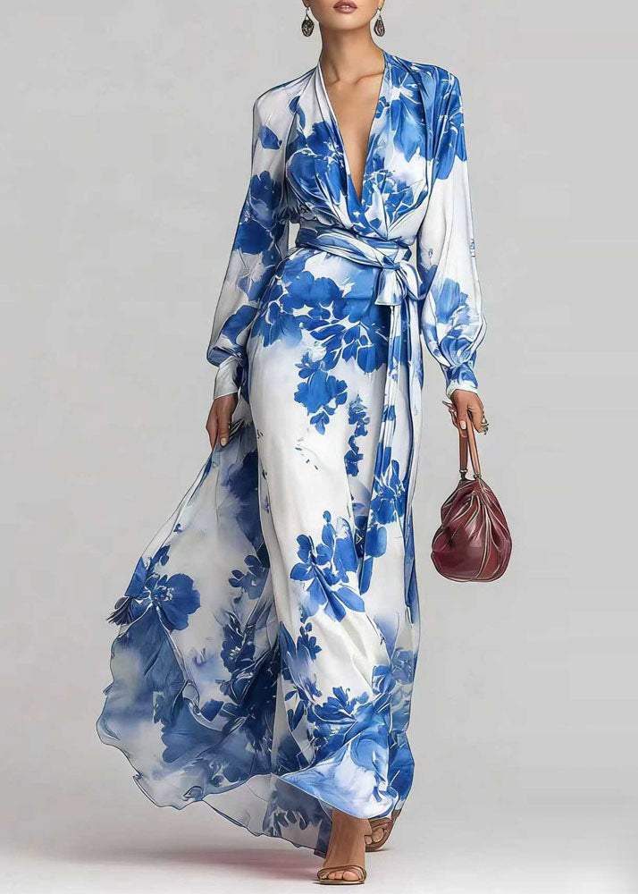 Chiffon Deep V-Neck Wrap Long Sleeve Tie Waist Floral Maxi Dress
