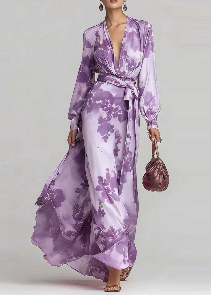 Chiffon Deep V-Neck Wrap Long Sleeve Tie Waist Floral Maxi Dress