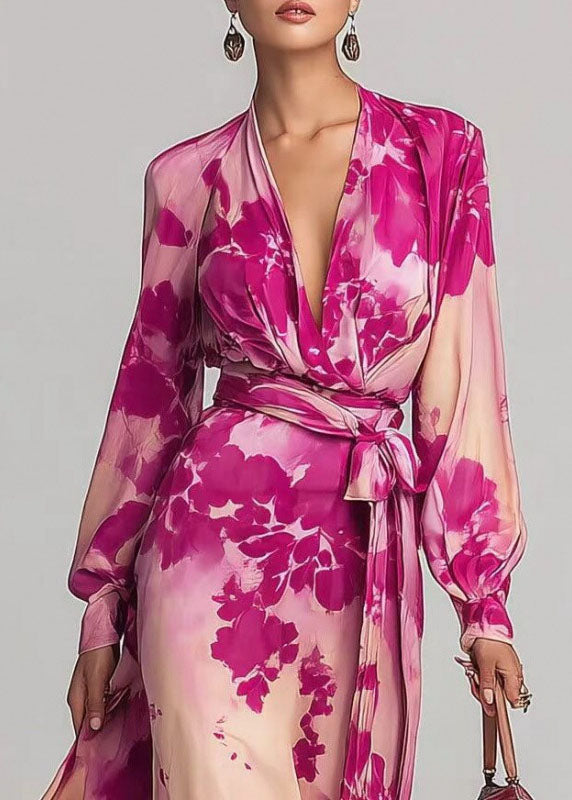 Chiffon Deep V-Neck Wrap Long Sleeve Tie Waist Floral Maxi Dress