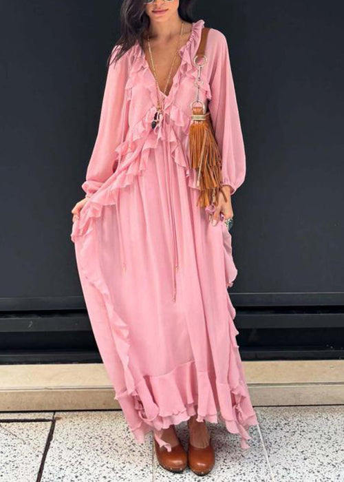 Elegant Pink V Neck Ruffled Chiffon Long Dress Fall 2