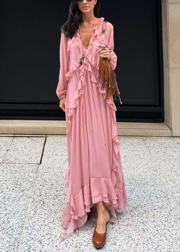 Elegant Pink V Neck Ruffled Chiffon Long Dress Fall 3