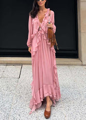 Elegant Pink V Neck Ruffled Chiffon Long Dress Fall 3
