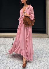 Elegant Pink V Neck Ruffled Chiffon Long Dress Fall 4