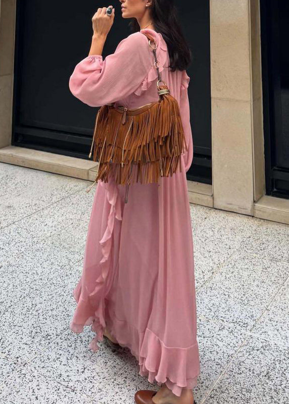 Elegant Pink V Neck Ruffled Chiffon Long Dress Fall 5