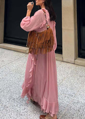 Elegant Pink V Neck Ruffled Chiffon Long Dress Fall 5