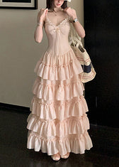 Elegant Pink V Neck Ruffled Lace Spaghetti Strap Dress Sleeveless