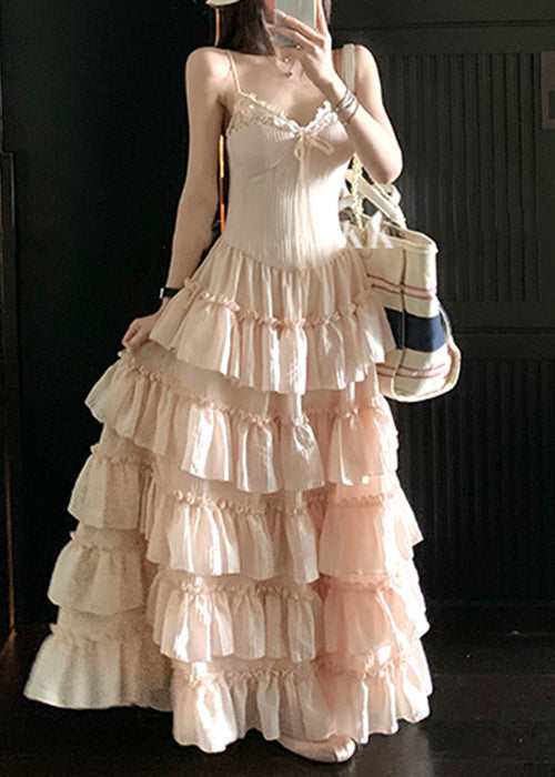 Elegant Pink V Neck Ruffled Lace Spaghetti Strap Dress Sleeveless 2
