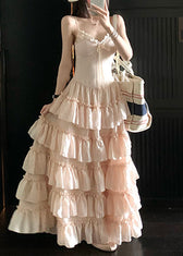 Elegant Pink V Neck Ruffled Lace Spaghetti Strap Dress Sleeveless 2