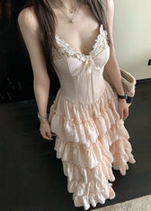 Elegant Pink V Neck Ruffled Lace Spaghetti Strap Dress Sleeveless 4