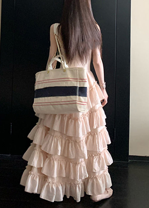 Elegant Pink V Neck Ruffled Lace Spaghetti Strap Dress Sleeveless 5