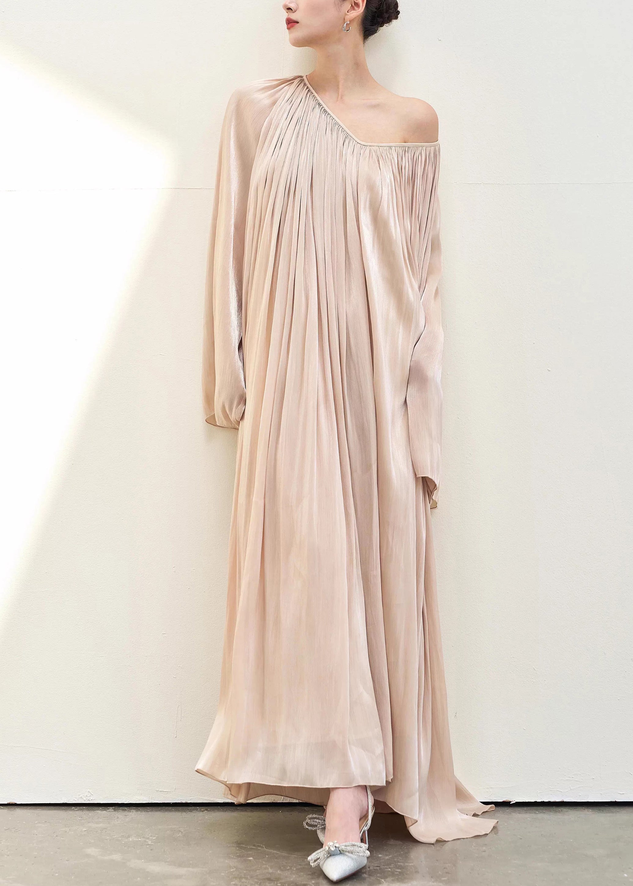 Satin Accordion Pleated One Shoulder Bell Sleeve Flowy Maxi Dress