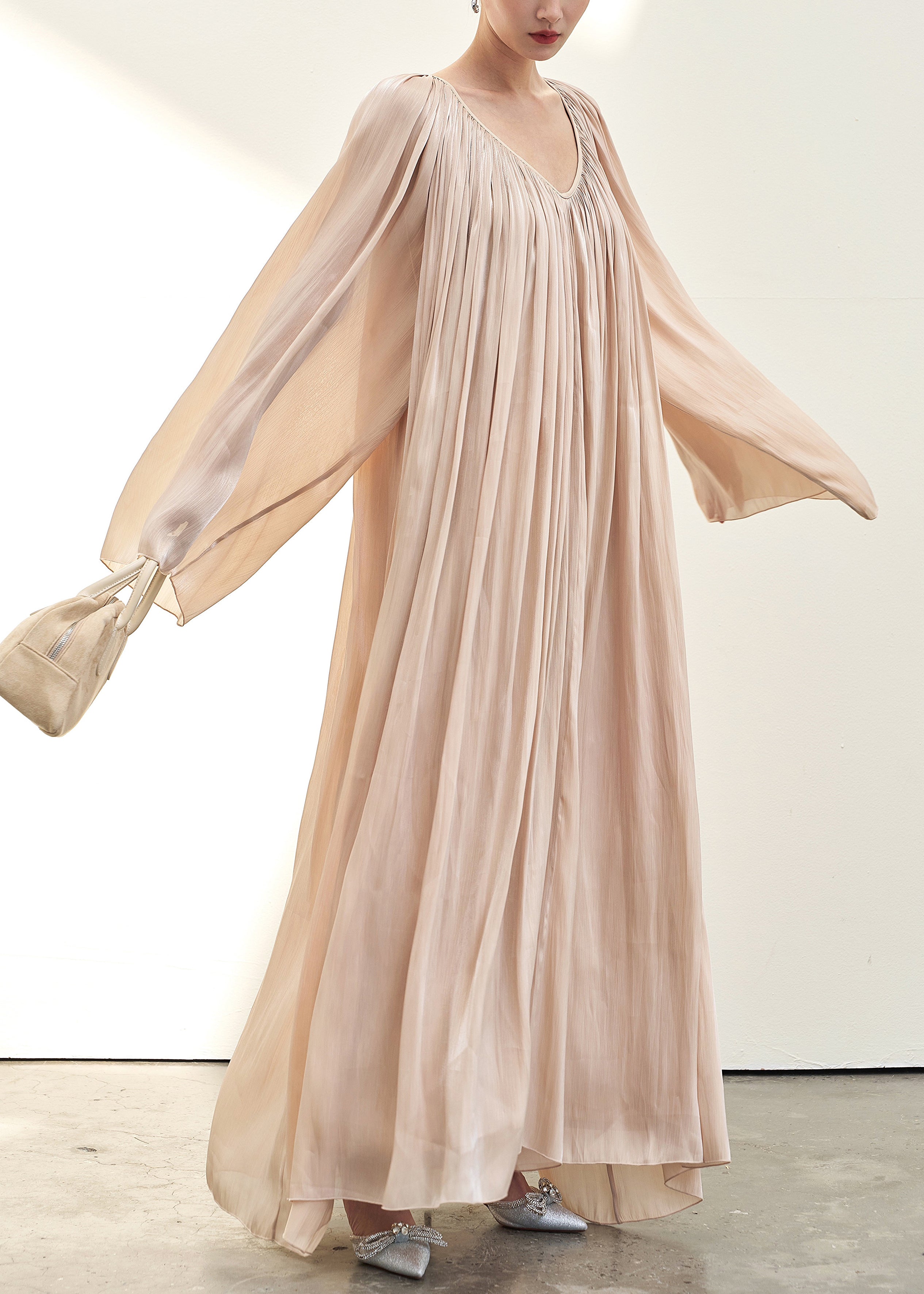 Satin Accordion Pleated One Shoulder Bell Sleeve Flowy Maxi Dress