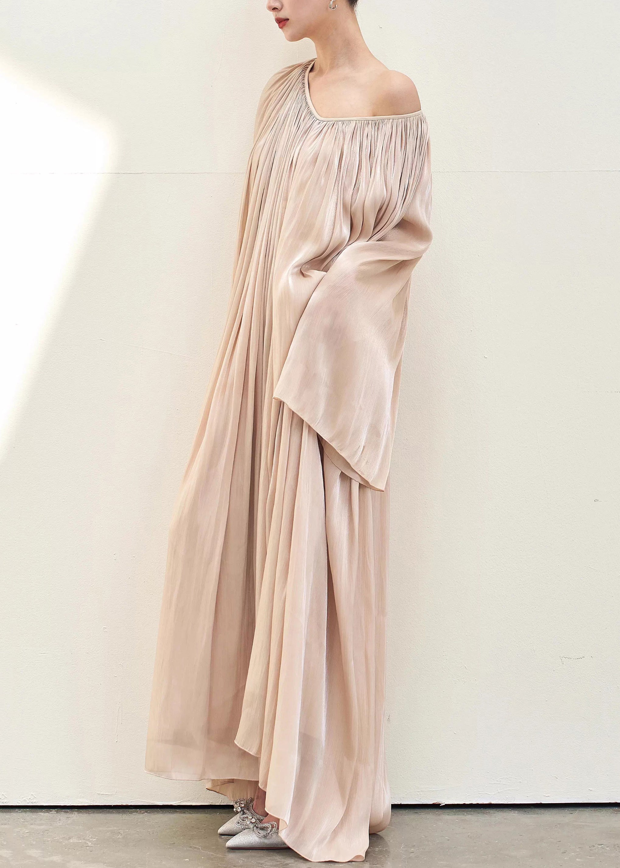 Satin Accordion Pleated One Shoulder Bell Sleeve Flowy Maxi Dress