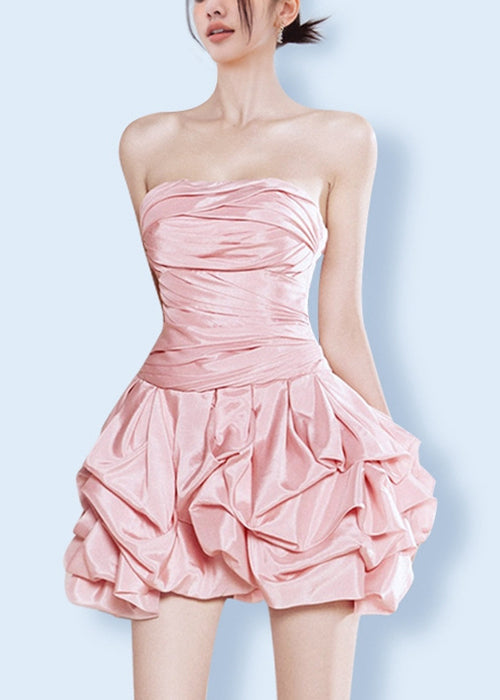 Strapless Ruched Bubble Skirt Fit and Flare Mini Dress