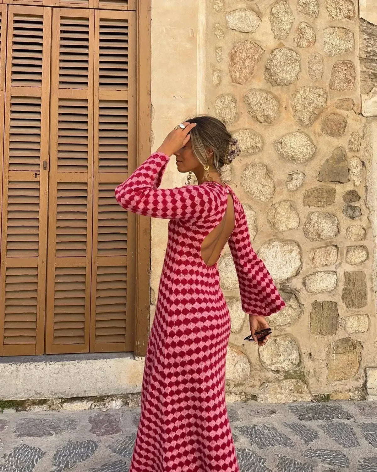 Diamond Check Pattern Crochet Knit Flared Hem Maxi Dress 3