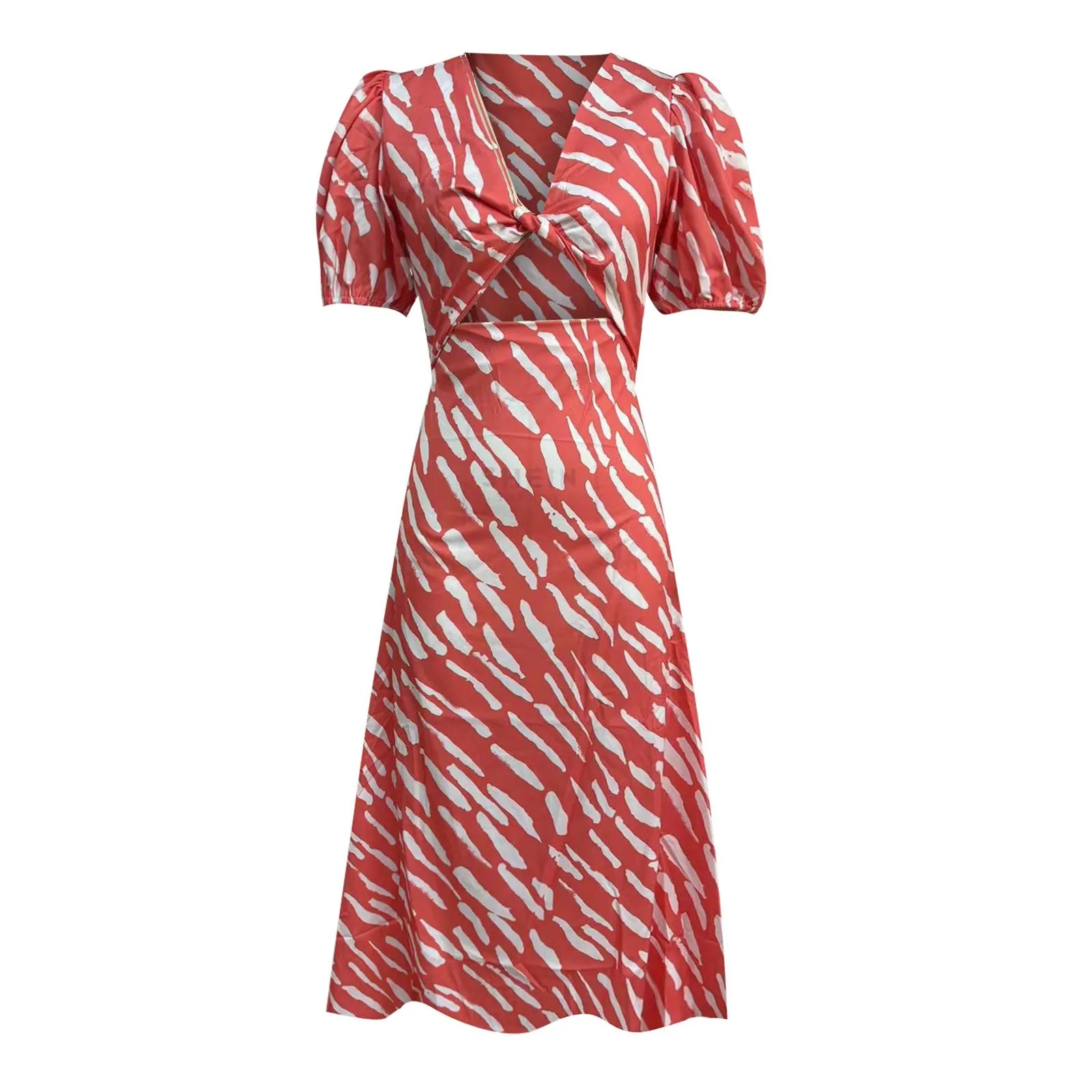 Elegant Boho Stripe Print VNeck Puff Sleeve Midi Dress