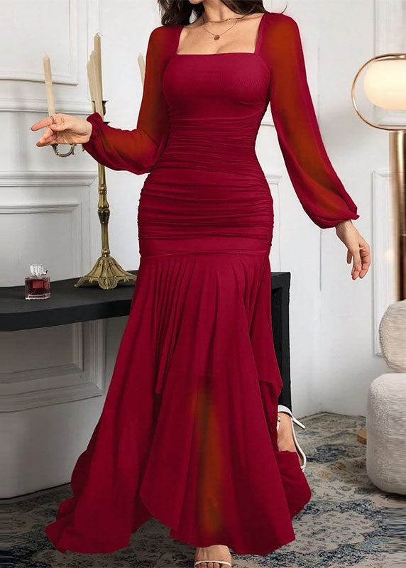 Chiffon Square Neck Sheer Lantern Sleeve Ruched High-Low Ruffle Hem Maxi Dress