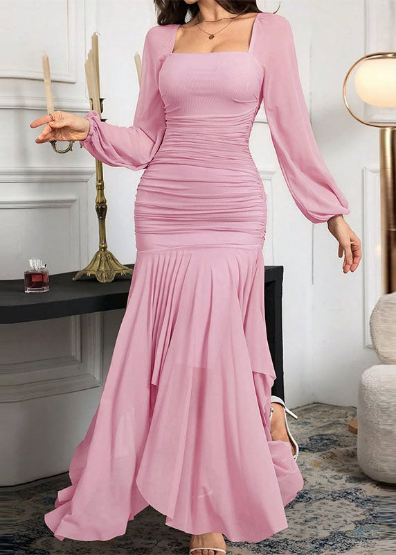 Chiffon Square Neck Sheer Lantern Sleeve Ruched High-Low Ruffle Hem Maxi Dress