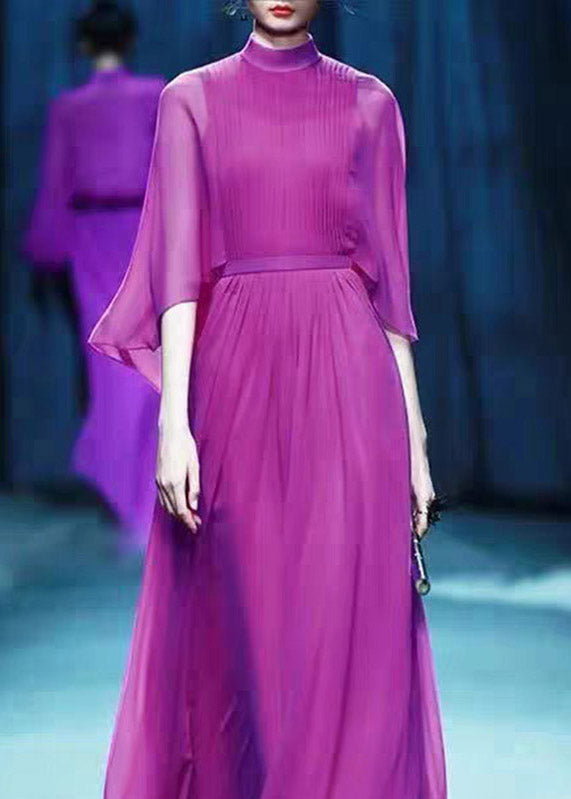 Chiffon Mock Neck Cape Sleeve Cinched Waist Maxi Gown