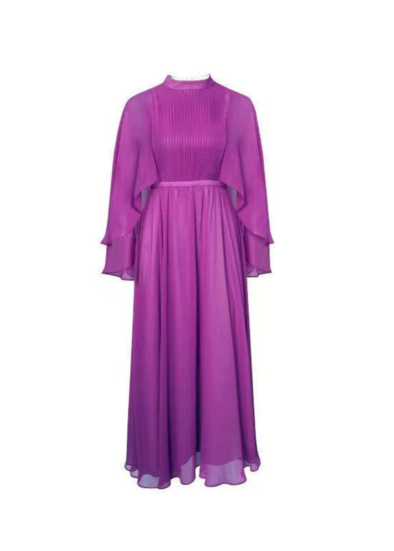 Chiffon Mock Neck Cape Sleeve Cinched Waist Maxi Gown