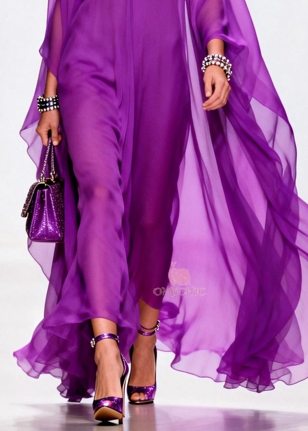 Deep V-Neck Cape Sleeve Draped Chiffon Maxi Dress - View 4