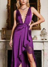 Elegant Purple V Neck Lace Patchwork Maxi Dress Sleeveless 2