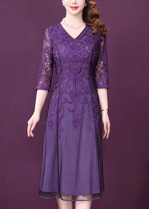 Lace Floral Embroidery V-Neck Three Quarter Sleeve Sheer Overlay A-Line Midi Dress