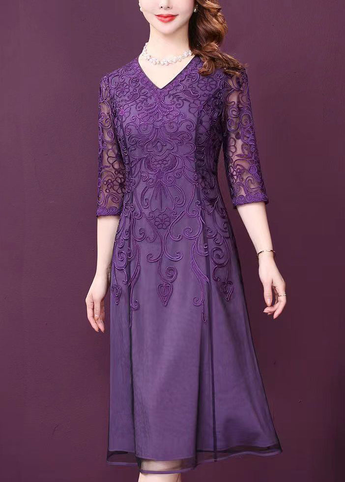 Lace Floral Embroidery V-Neck Three Quarter Sleeve Sheer Overlay A-Line Midi Dress