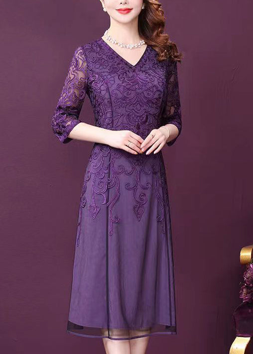 Lace Floral Embroidery V-Neck Three Quarter Sleeve Sheer Overlay A-Line Midi Dress