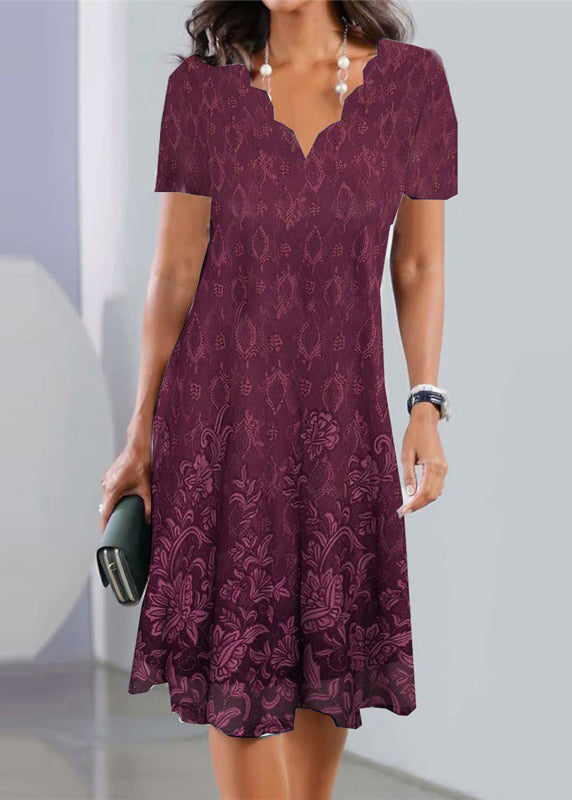 Damask Medallion Border Print Scalloped V-Neck Short Sleeve Knee Length Dress