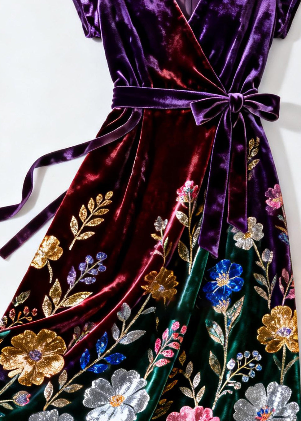 Velvet Wrap V-Neck Cap Sleeve Sequin Floral Embroidered Tie Waist Midi Dress