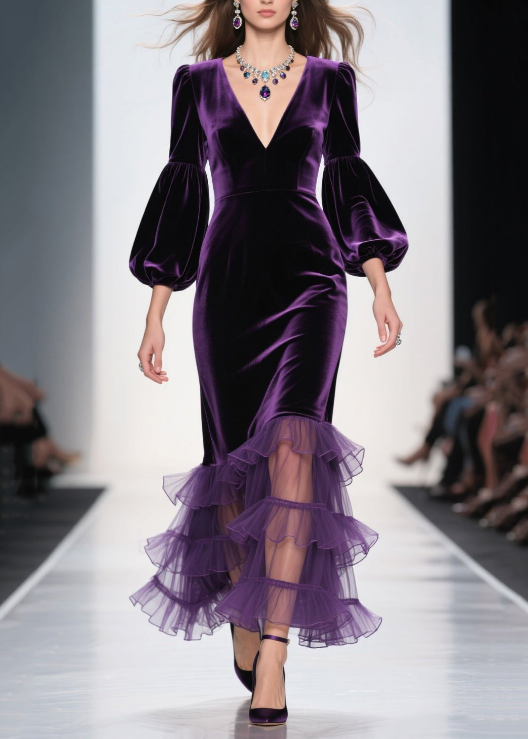 Elegant Purple V Neck Ruffled Patchwork Velvet Maxi Dresses Fall 5