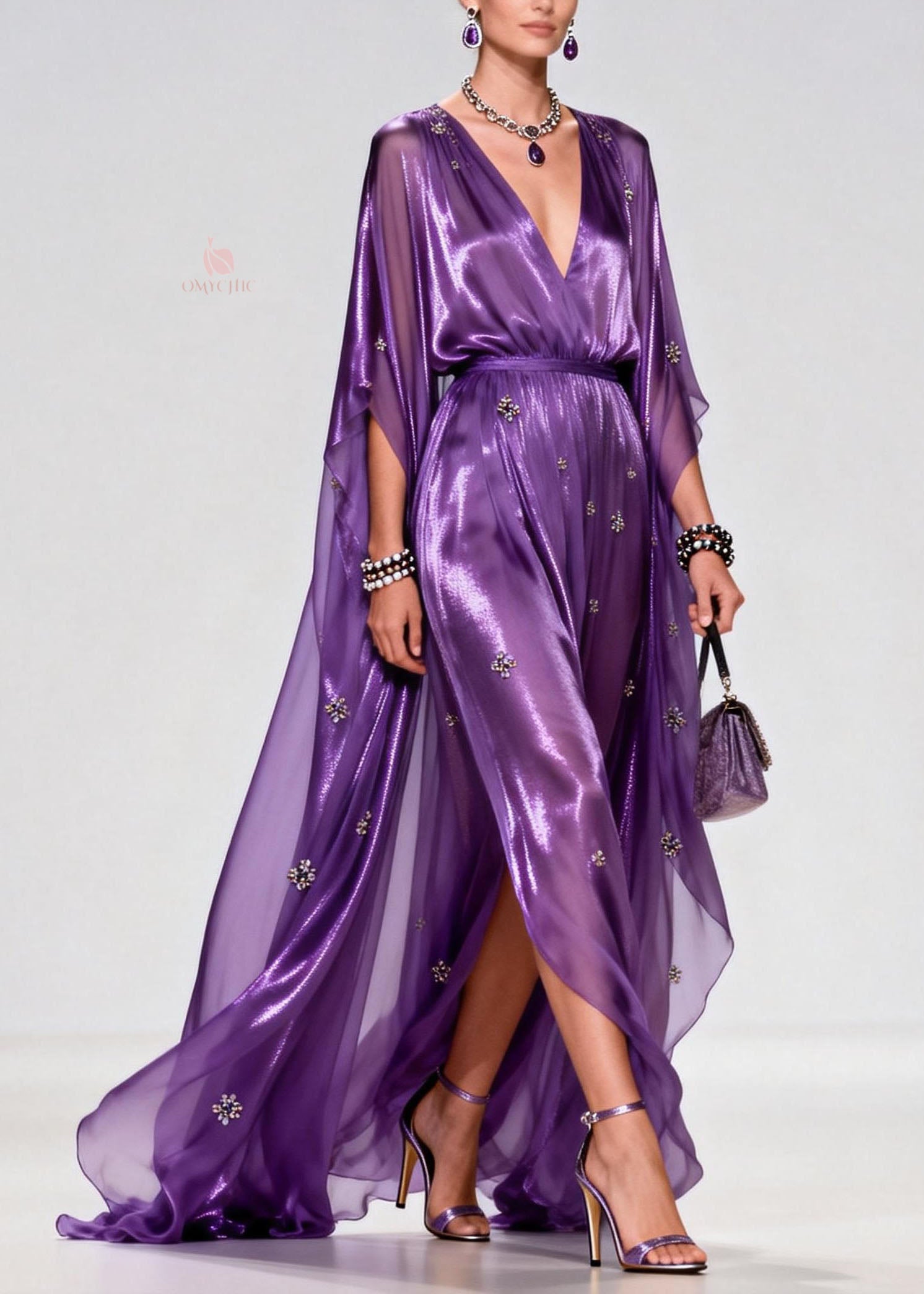 Metallic Deep V-Neck Cape Sleeve Rhinestone High Split Maxi Gown