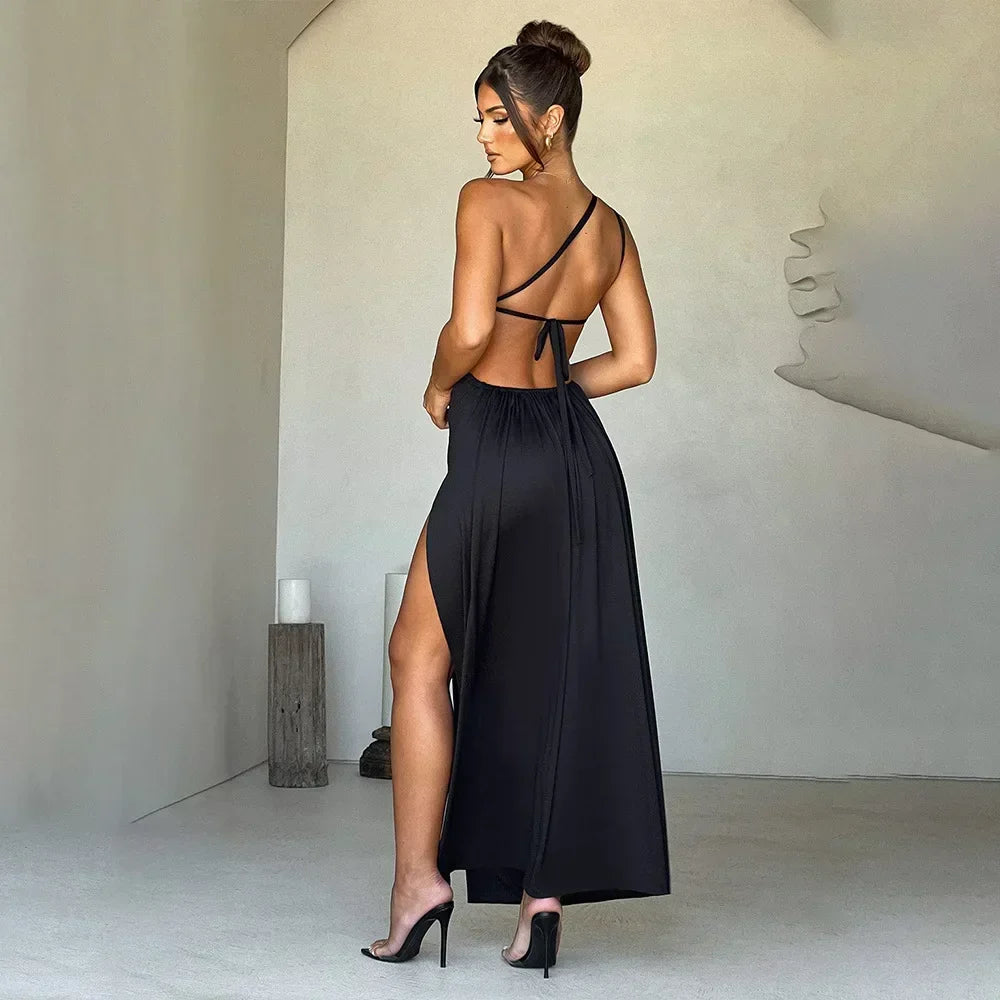 One Shoulder Ruched Waist Side Cut Out High Split Maxi Dress 5