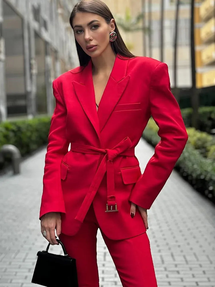 Belted Notch Lapel Padded Shoulder Flap Pocket Blazer 4