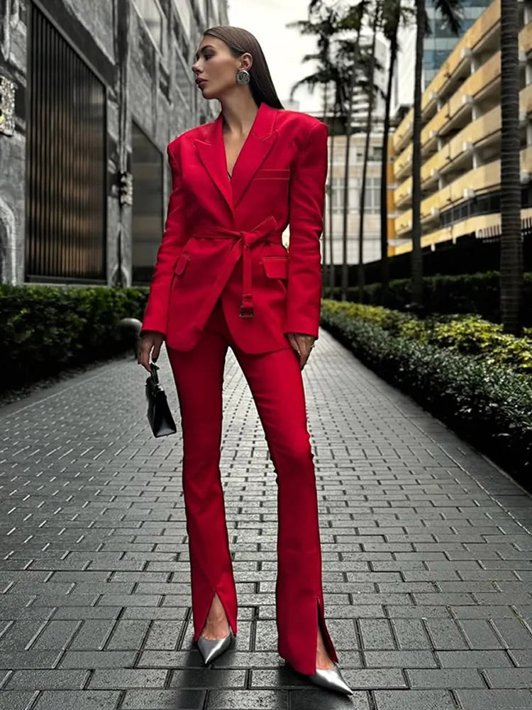 Belted Notch Lapel Padded Shoulder Flap Pocket Blazer 2